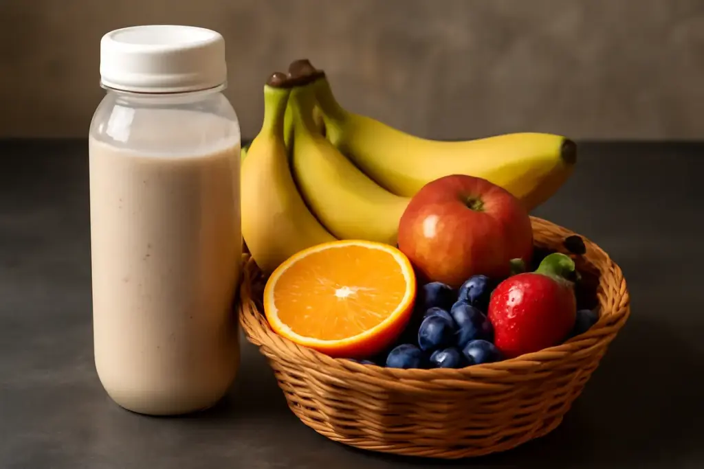 Shake proteico con frutta fresca nel basket: i frutti che potenziano l’assorbimento